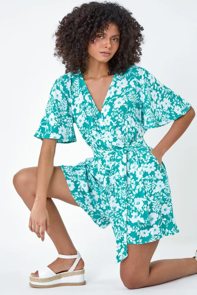 Turquoise Floral Print Belted Wrap Playsuit Women Roman Dresses
