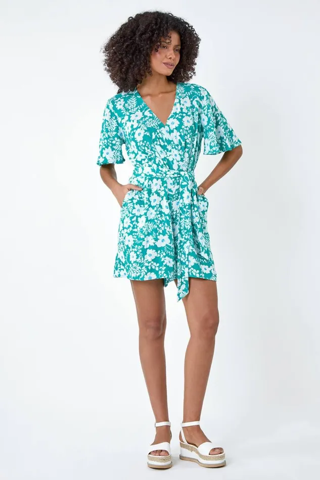 Turquoise Floral Print Belted Wrap Playsuit Women Roman Dresses