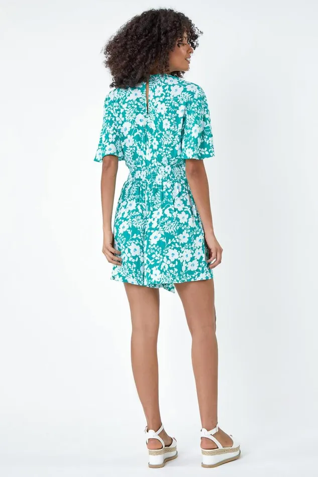 Turquoise Floral Print Belted Wrap Playsuit Women Roman Dresses