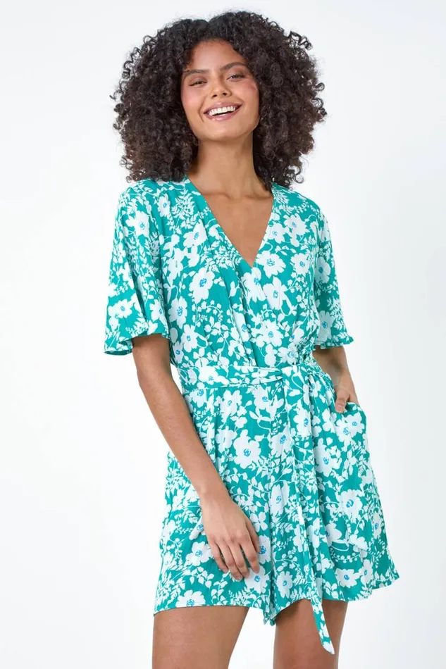 Turquoise Floral Print Belted Wrap Playsuit Women Roman Dresses