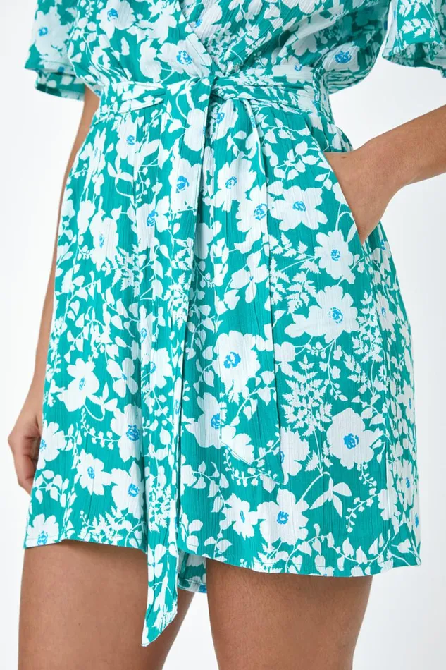 Turquoise Floral Print Belted Wrap Playsuit Women Roman Dresses