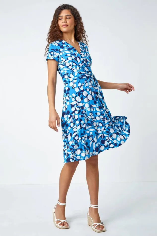 Turquoise Floral Stretch Wrap Skater Dress Women Roman Dresses