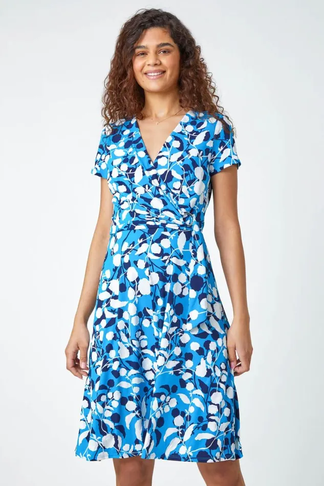 Turquoise Floral Stretch Wrap Skater Dress Women Roman Dresses