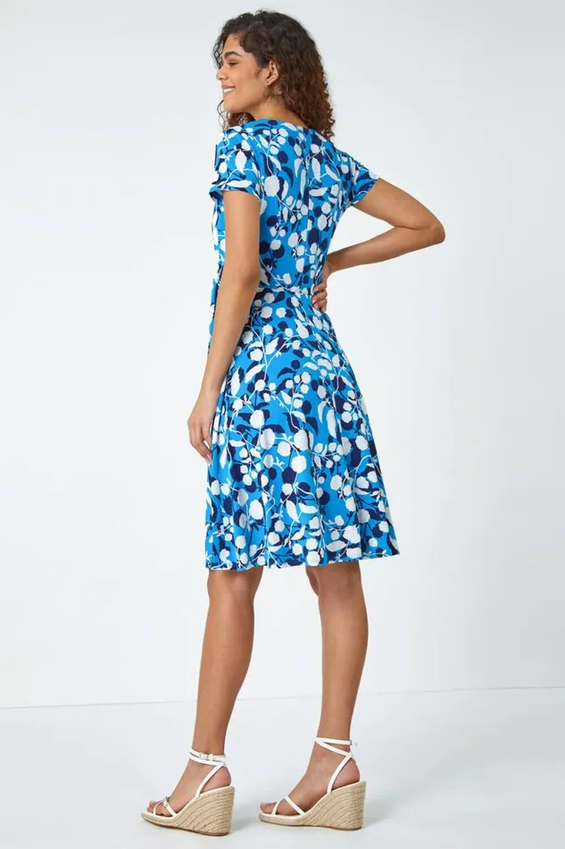 Turquoise Floral Stretch Wrap Skater Dress Women Roman Dresses