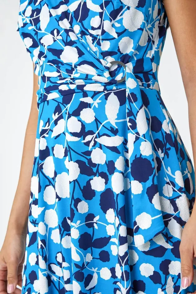 Turquoise Floral Stretch Wrap Skater Dress Women Roman Dresses