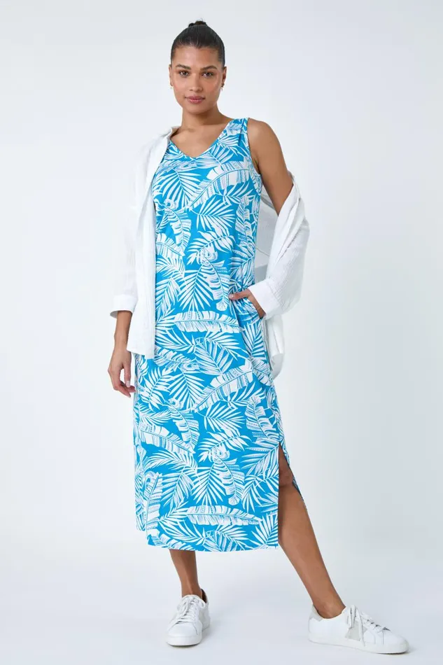 Turquoise Leaf Print Stretch Midi Dress Women Roman Dresses