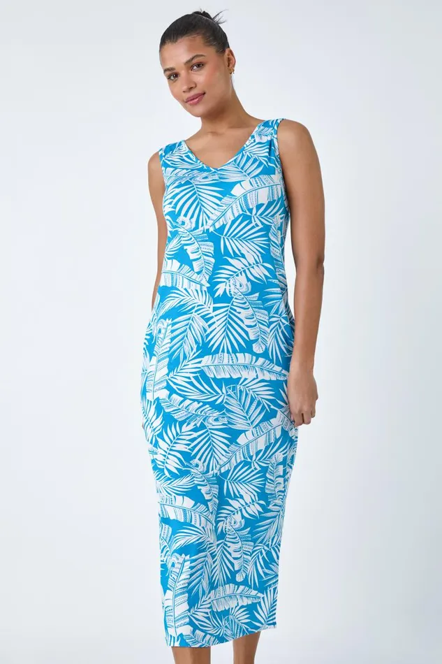 Turquoise Leaf Print Stretch Midi Dress Women Roman Dresses