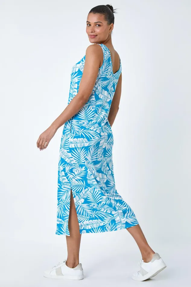 Turquoise Leaf Print Stretch Midi Dress Women Roman Dresses