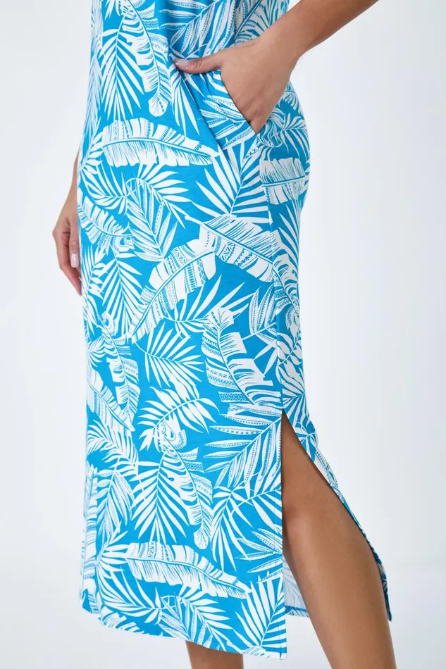 Turquoise Leaf Print Stretch Midi Dress Women Roman Dresses