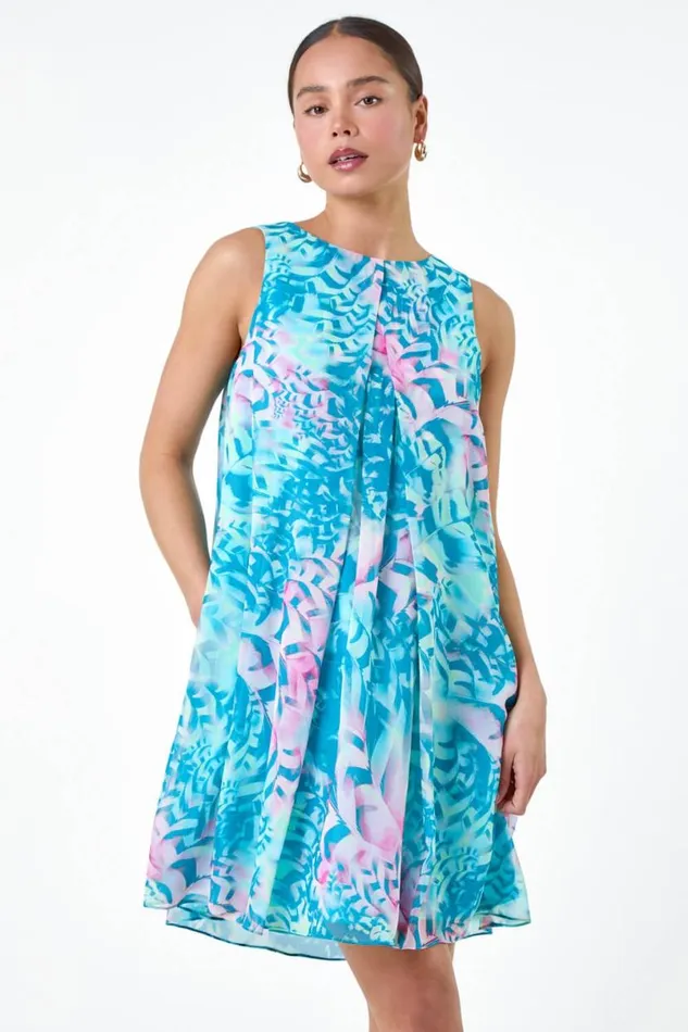 Turquoise Petite Abstract Print Pleat Neck Dress Women Roman Dresses