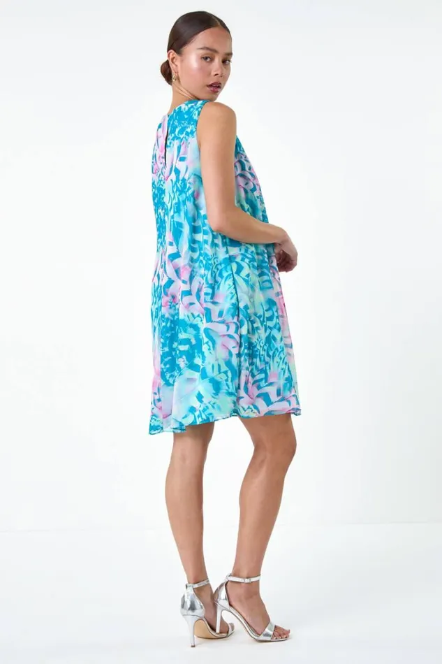 Turquoise Petite Abstract Print Pleat Neck Dress Women Roman Dresses