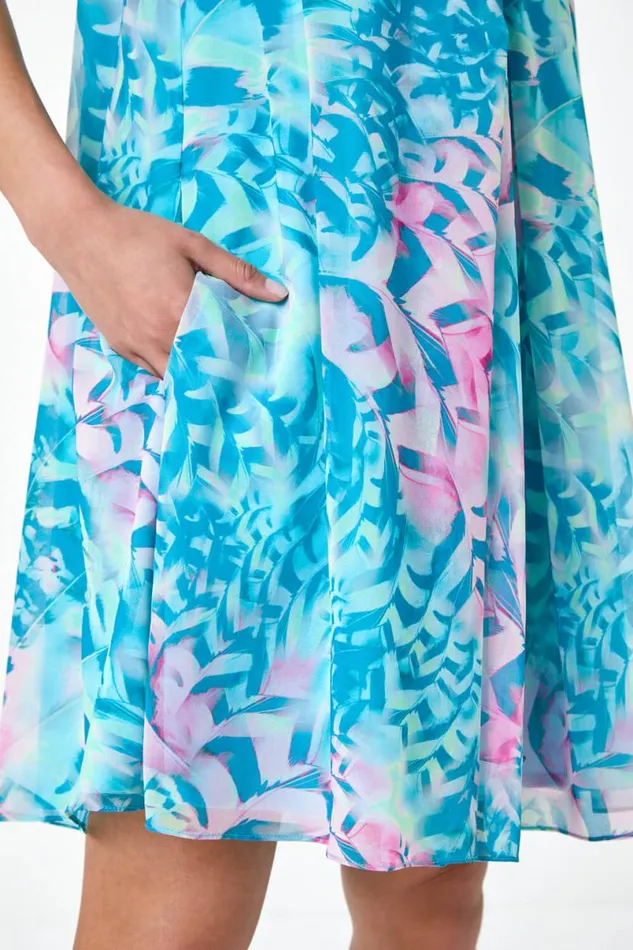 Turquoise Petite Abstract Print Pleat Neck Dress Women Roman Dresses
