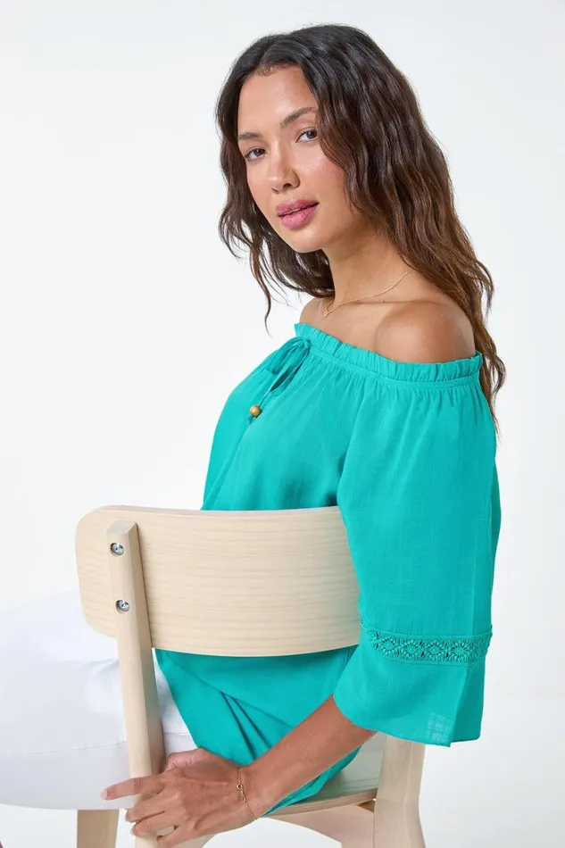 Turquoise Tie Detail Stretch Neck Bardot Top Women Roman Tops