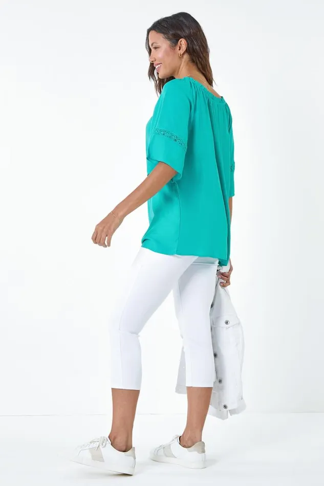 Turquoise Tie Detail Stretch Neck Bardot Top Women Roman Tops