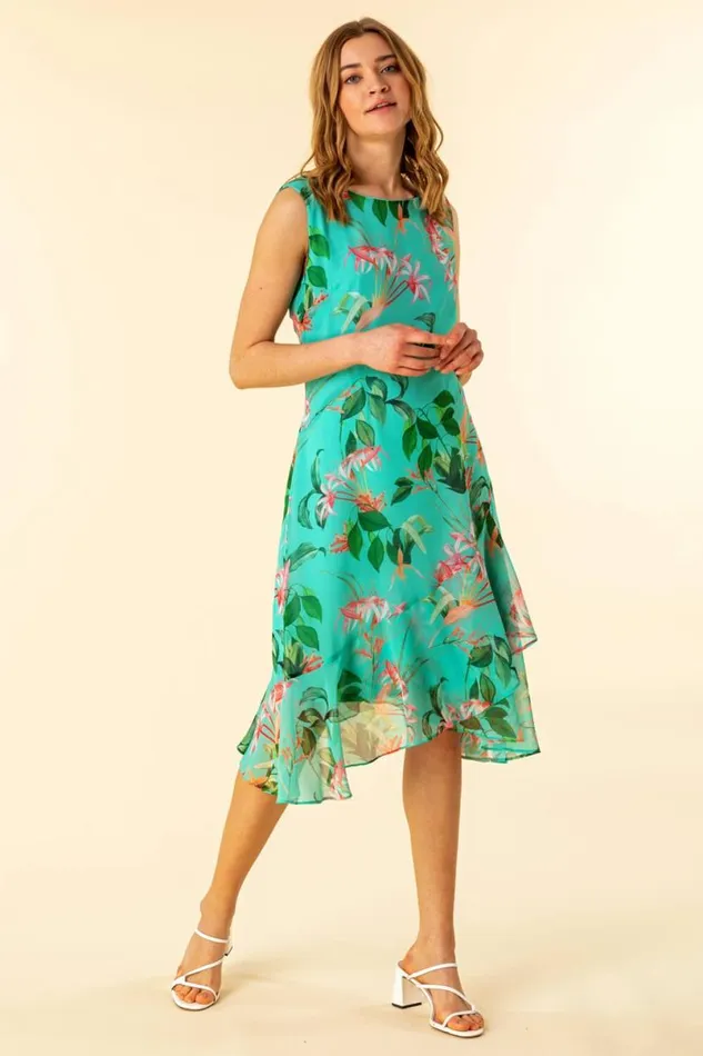 Turquoise Tropical Print Chiffon Dress Women Roman Dresses