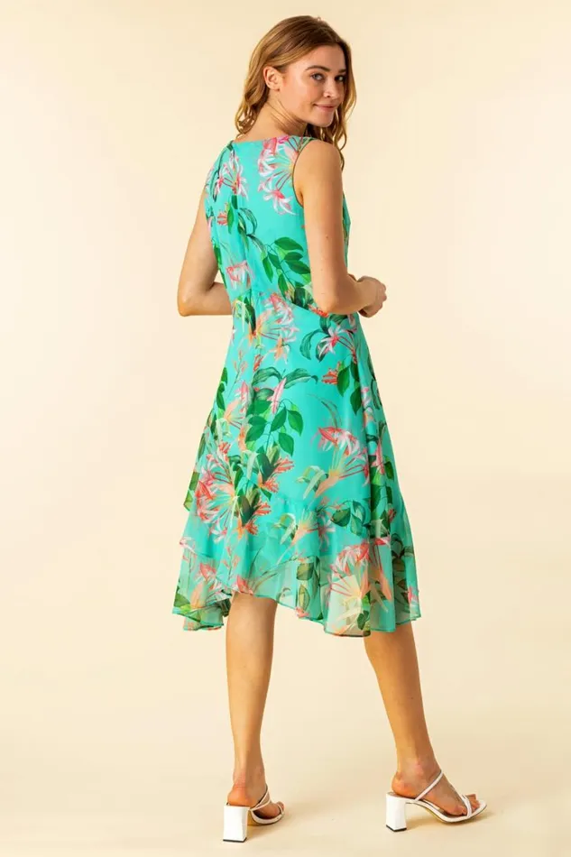 Turquoise Tropical Print Chiffon Dress Women Roman Dresses