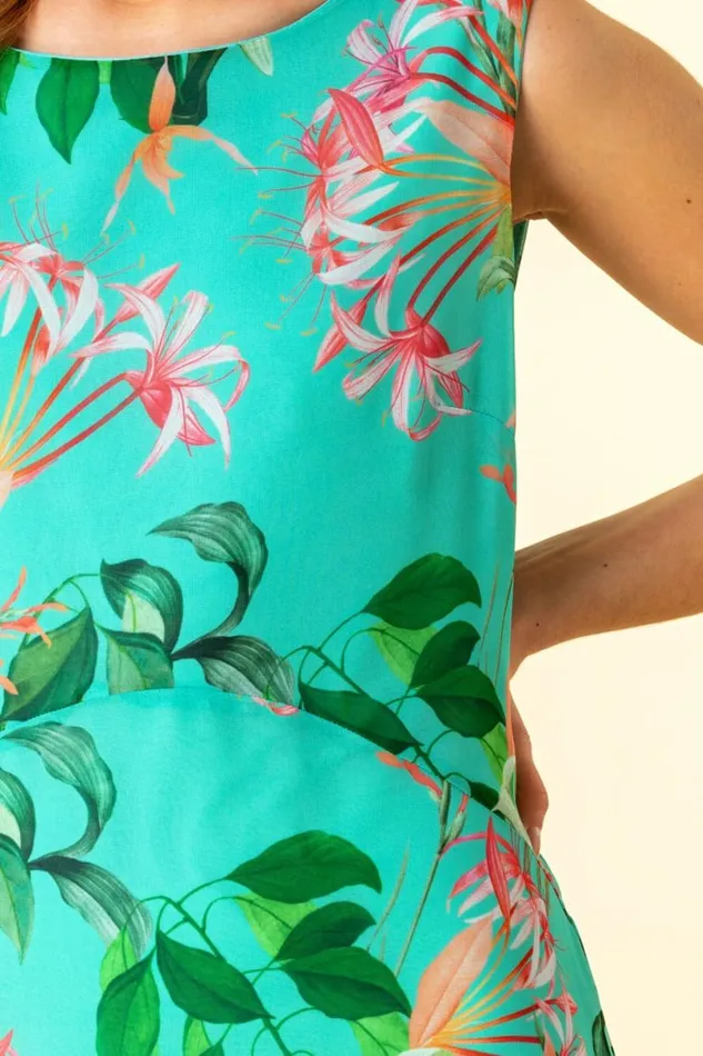 Turquoise Tropical Print Chiffon Dress Women Roman Dresses
