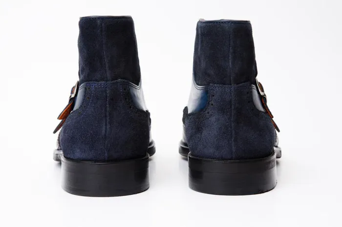 Vinci Leather Boots The Albus Navy Blue Leather and Suede Double Strap Monk Brogue Boot 8211 Men