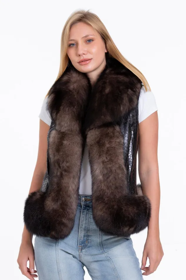 Vinci Leather Leather Jackets The Fitzroy Pythn Skin Leather Black Pullover Vest With A Pure Fox Fur 8211 Women Vinci Leather Leather Jackets The Fitzroy Pythn Skin Leather Black Pullover Vest With A Pure Fox Fur 8211 Women