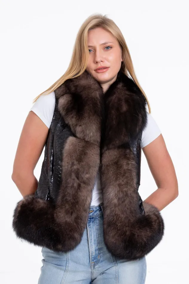 Vinci Leather Leather Jackets The Fitzroy Pythn Skin Leather Black Pullover Vest With A Pure Fox Fur 8211 Women