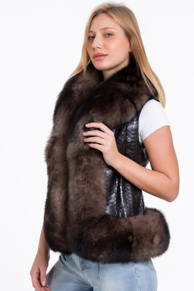 Vinci Leather Leather Jackets The Fitzroy Pythn Skin Leather Black Pullover Vest With A Pure Fox Fur 8211 Women