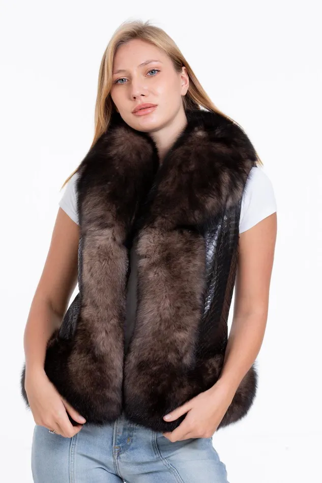Vinci Leather Leather Jackets The Fitzroy Pythn Skin Leather Black Pullover Vest With A Pure Fox Fur 8211 Women
