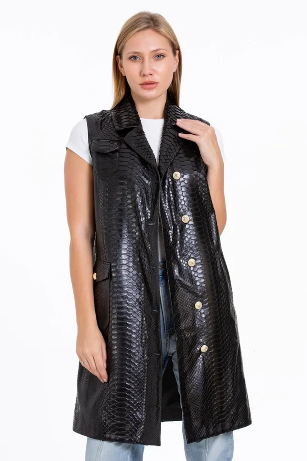 Vinci Leather Leather Jackets The Medellin Pythn Skin Leather Black ZipUp Vest 8211 Women