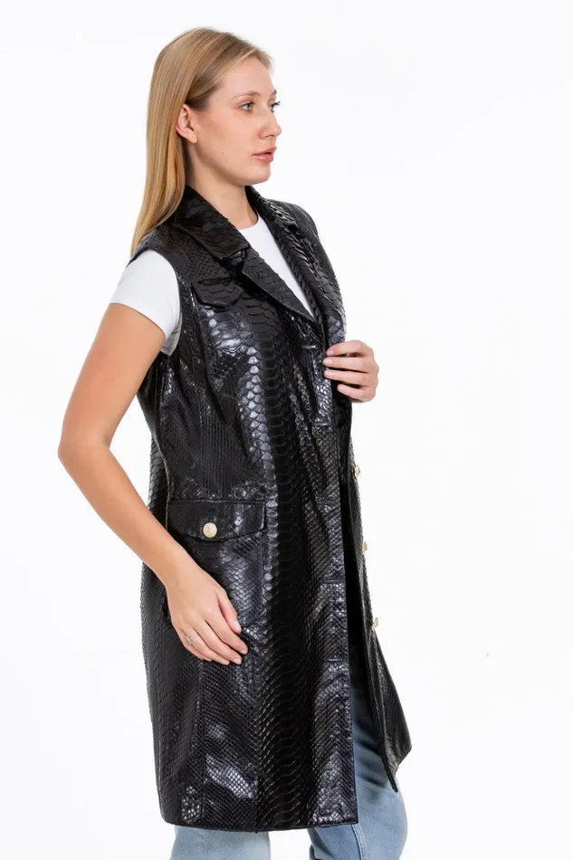 Vinci Leather Leather Jackets The Medellin Pythn Skin Leather Black ZipUp Vest 8211 Women