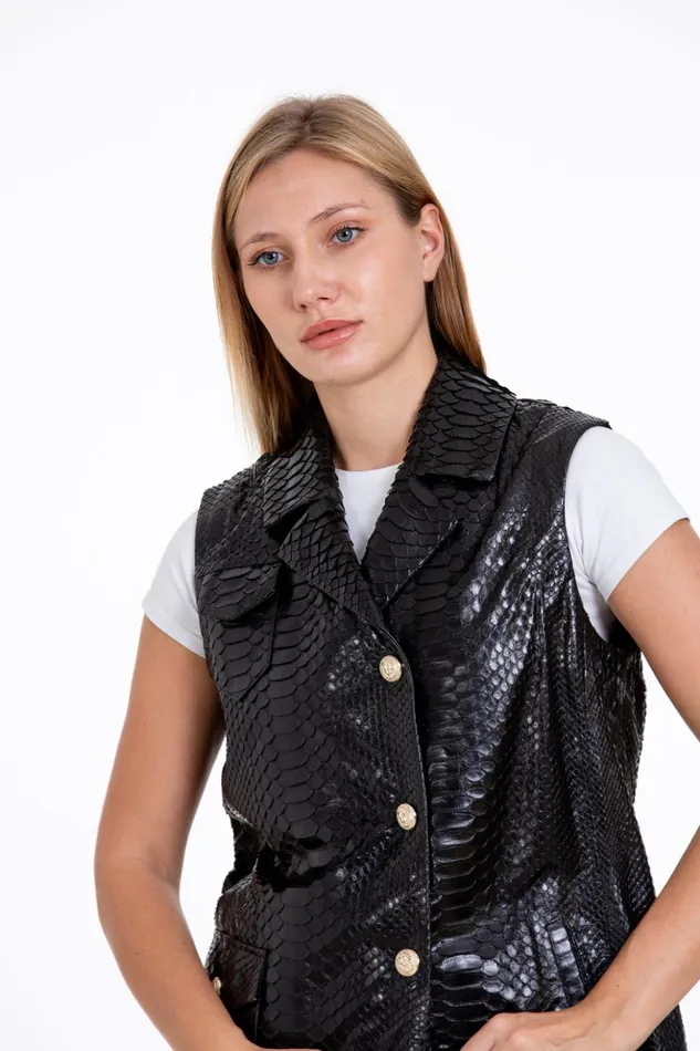 Vinci Leather Leather Jackets The Medellin Pythn Skin Leather Black ZipUp Vest 8211 Women