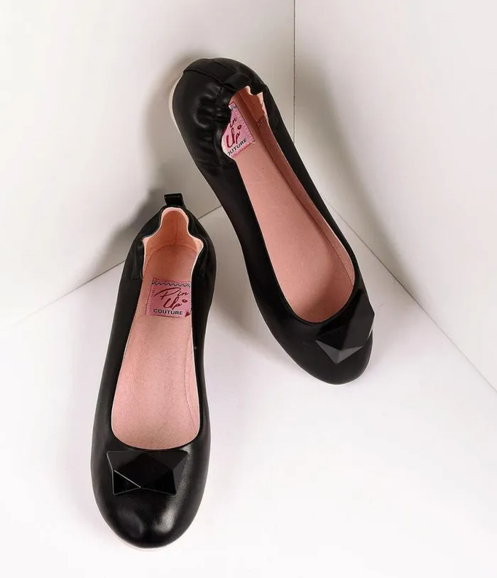 Vintage Style Black Leatherette and Geometric Gem Ballet Flats Shoes Unique Vintage Flats