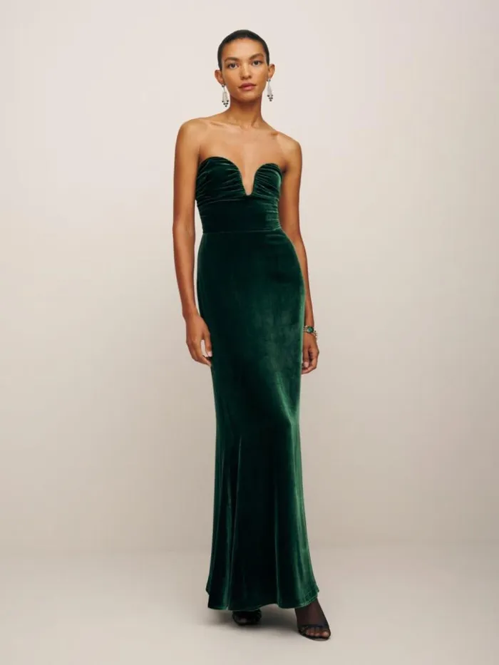 Weddings The Reformation Malini Velvet Dress Forest