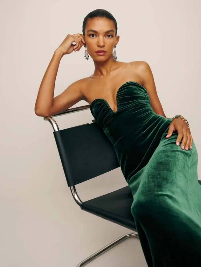 Weddings The Reformation Malini Velvet Dress Forest
