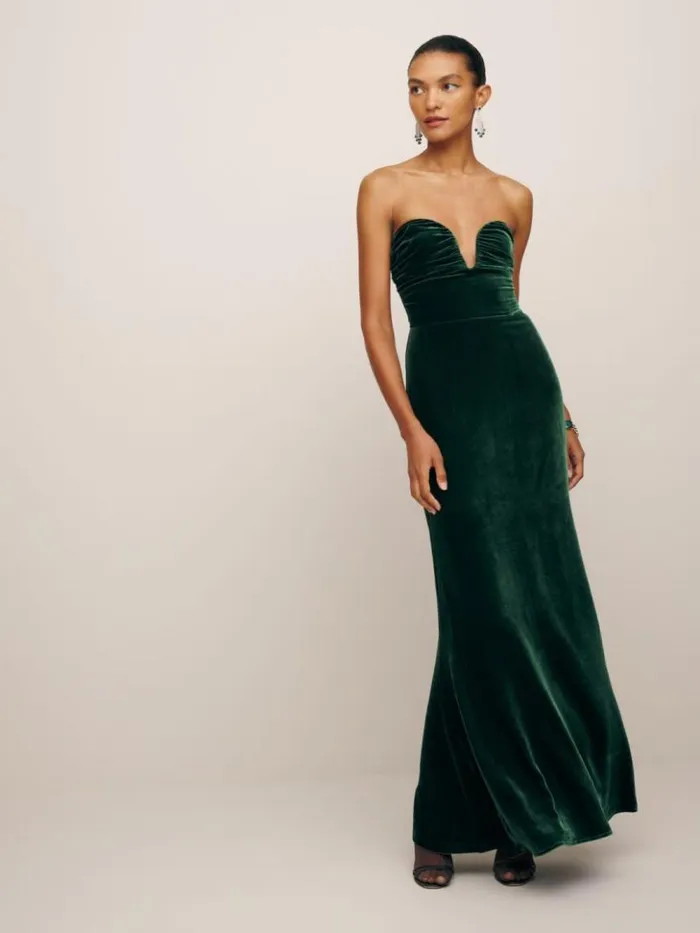 Weddings The Reformation Malini Velvet Dress Forest