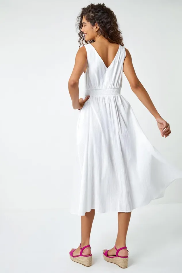 White Button Detail Cotton Midi Dress Women Roman Dresses