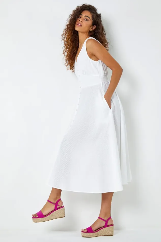 White Button Detail Cotton Midi Dress Women Roman Dresses
