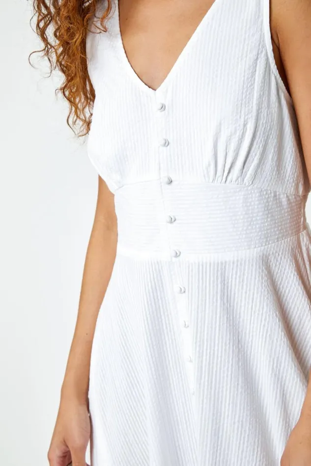 White Button Detail Cotton Midi Dress Women Roman Dresses