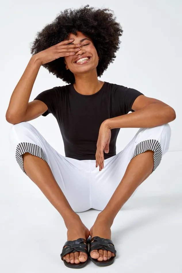 White Contrast Elastic Waist Cropped Trousers Women Roman Trousers