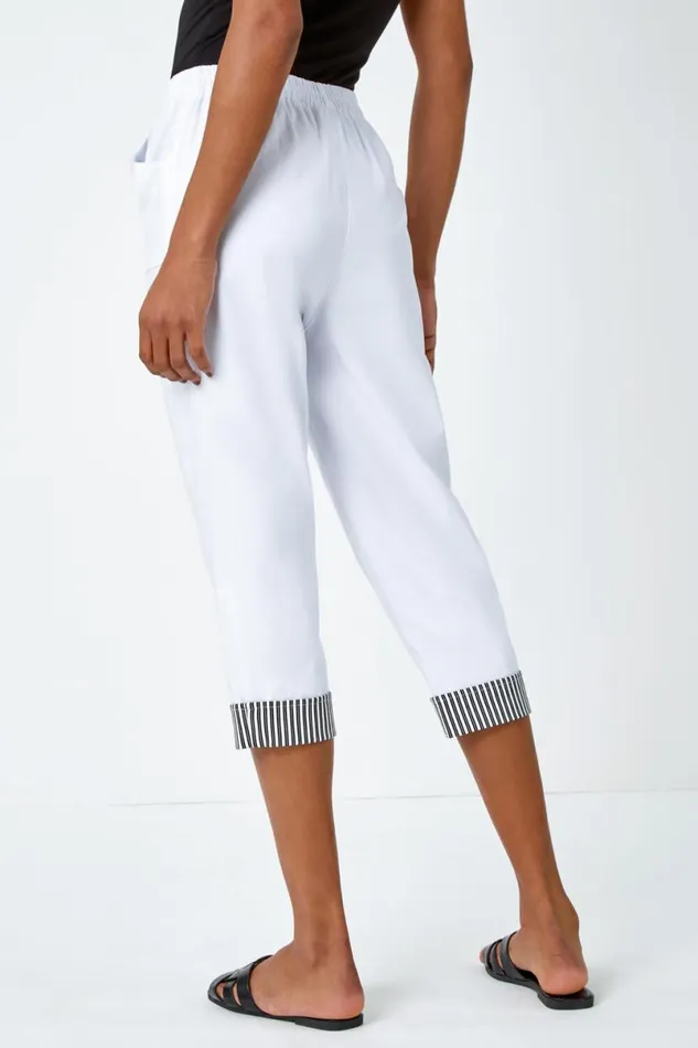 White Contrast Elastic Waist Cropped Trousers Women Roman Trousers