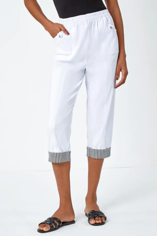 White Contrast Elastic Waist Cropped Trousers Women Roman Trousers