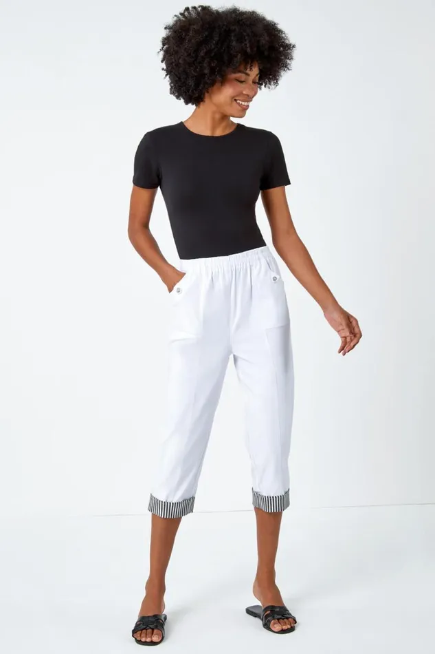 White Contrast Elastic Waist Cropped Trousers Women Roman Trousers