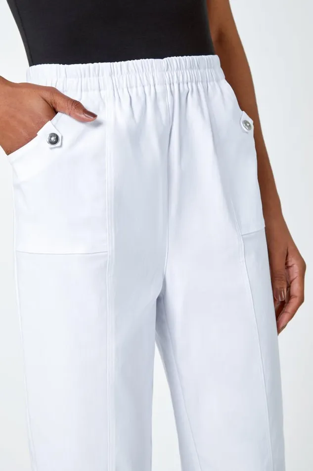 White Contrast Elastic Waist Cropped Trousers Women Roman Trousers