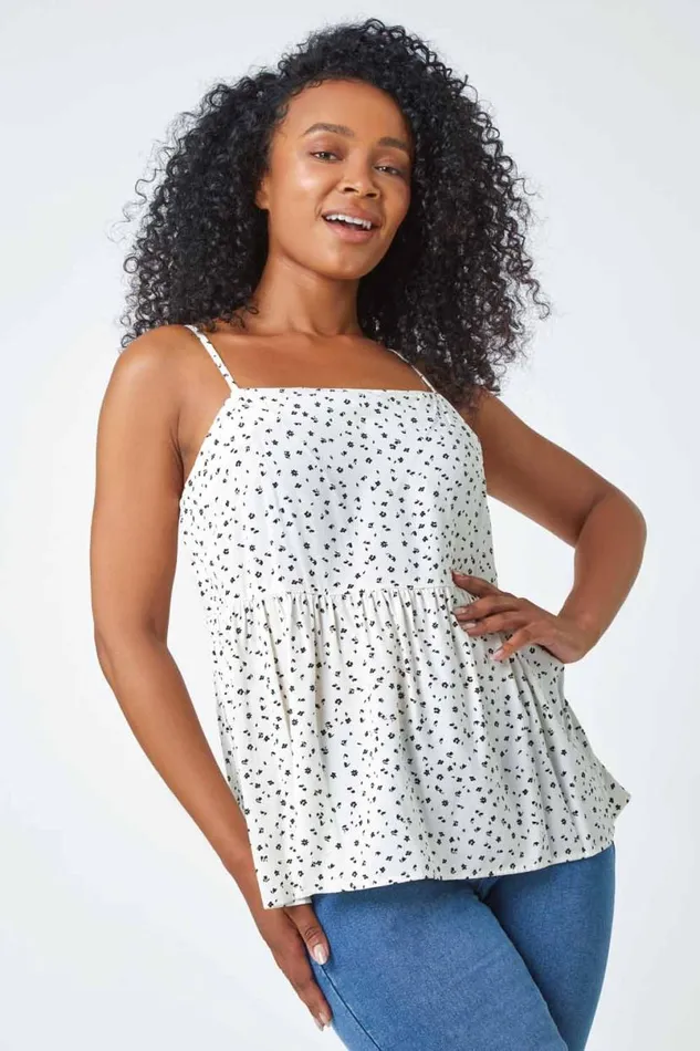 White Ditsy Spot Print Peplum Vest Top Women Roman Tops