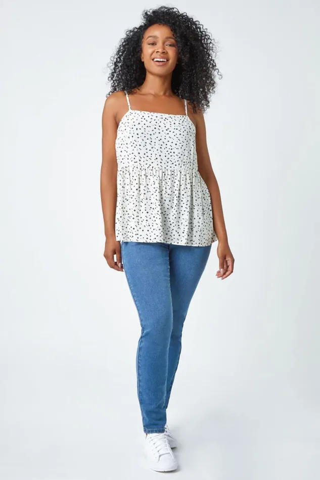 White Ditsy Spot Print Peplum Vest Top Women Roman Tops