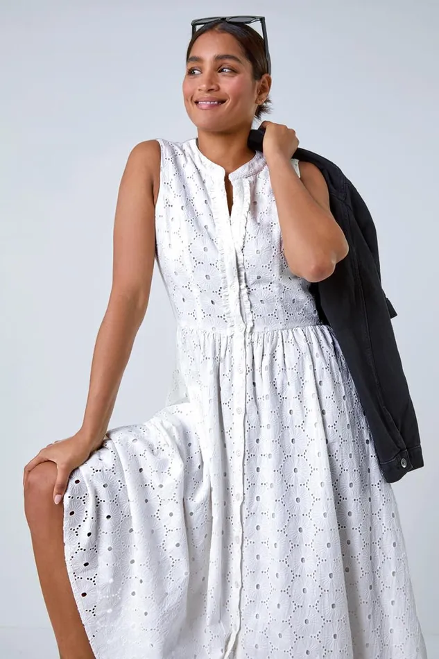 White Floral Cotton Broderie Midi Dress Women Roman Dresses