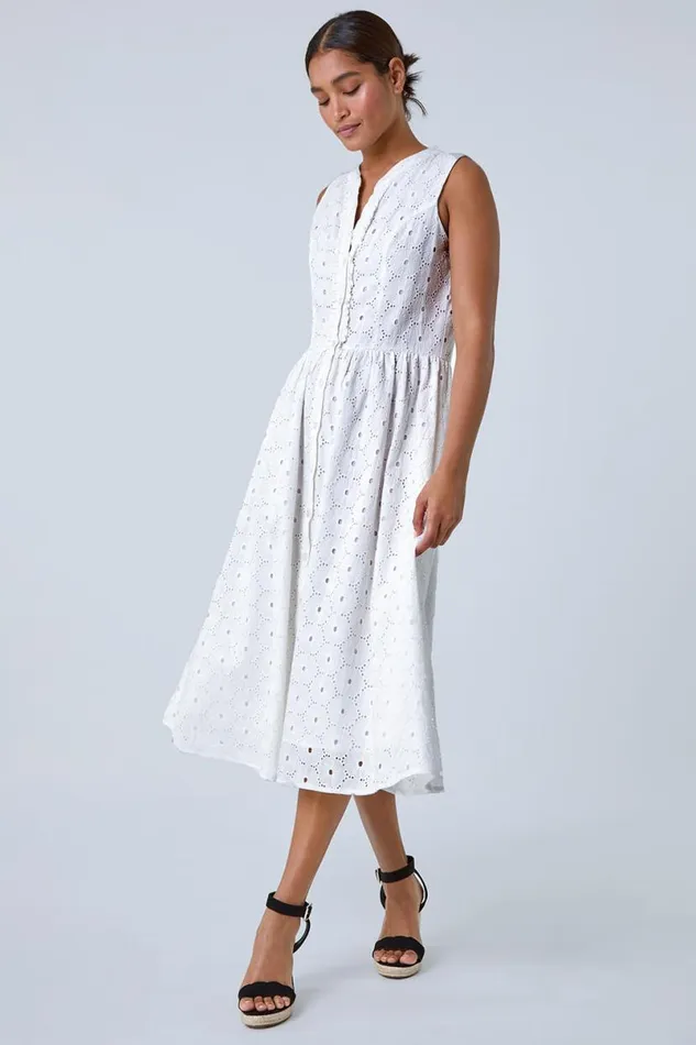 White Floral Cotton Broderie Midi Dress Women Roman Dresses