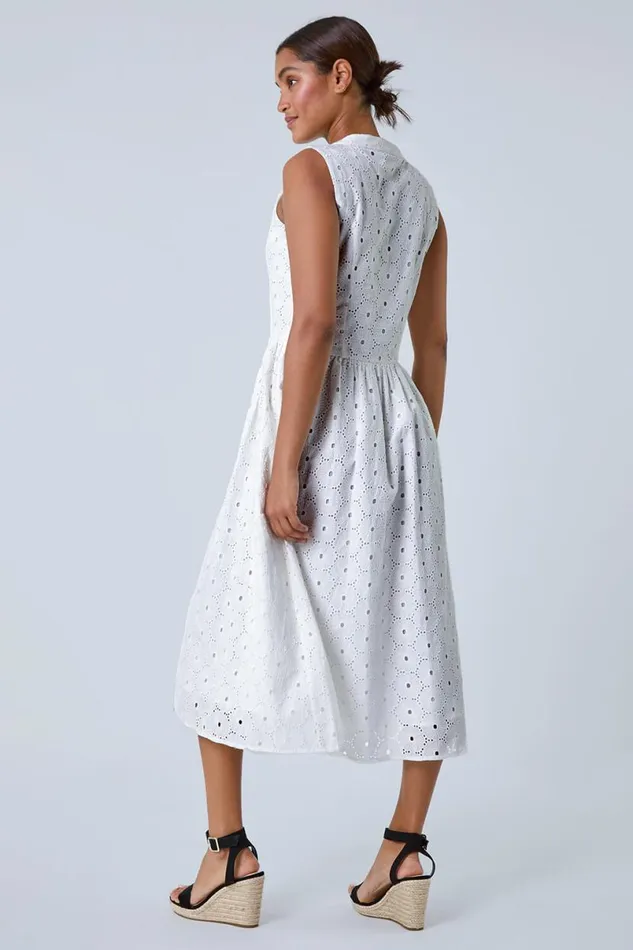 White Floral Cotton Broderie Midi Dress Women Roman Dresses
