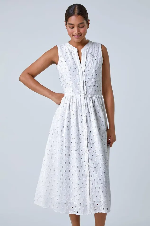 White Floral Cotton Broderie Midi Dress Women Roman Dresses