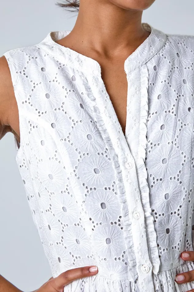 White Floral Cotton Broderie Midi Dress Women Roman Dresses