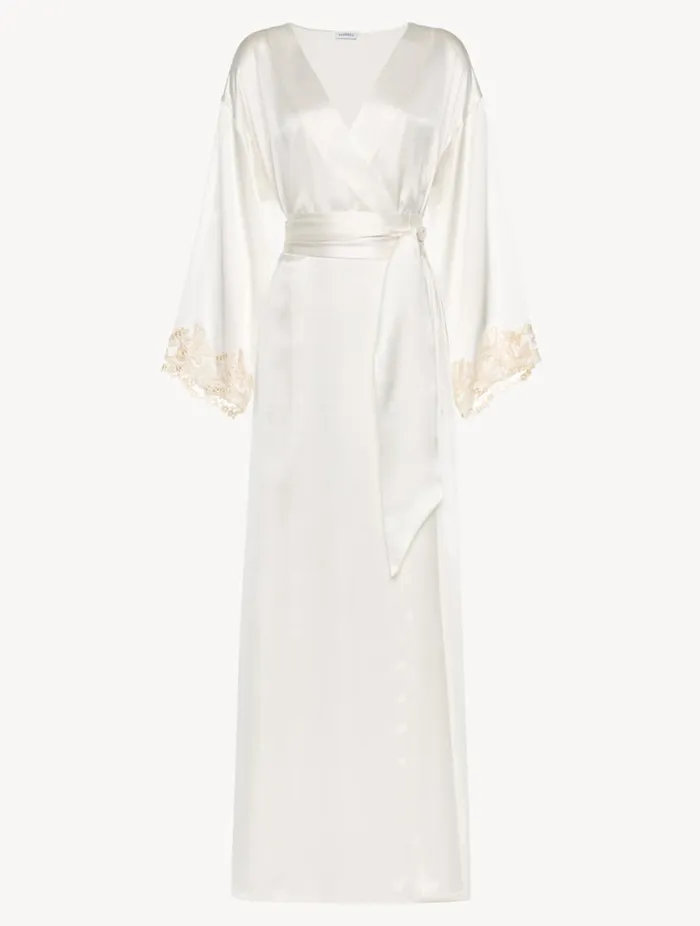 White Long Silk Robe With Ivory Frastaglio Sleepwear La Perla Robes