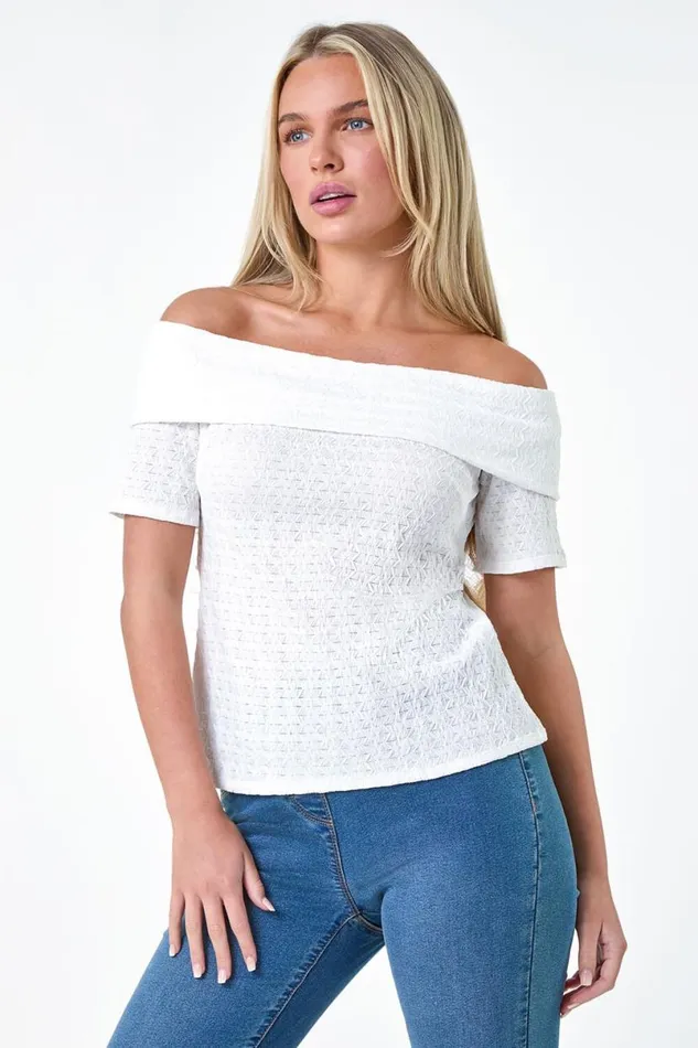 White Petite Textured Bardot Top Women Roman Tops